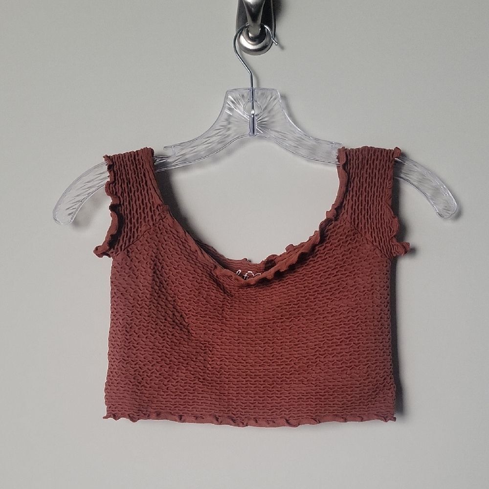 FREE PEOPLE XS S MOULIN RUCHED Off Shoulder Crop Boho Top Ballet Brown Coquette